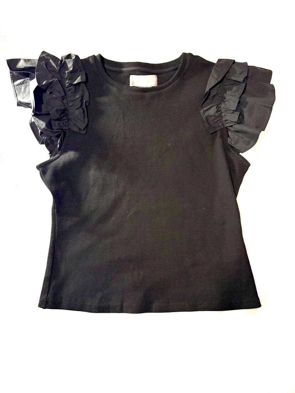 Anthropologie Black Ruffle Sleeve Knit Top Size S